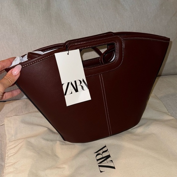 NWT Zara Topstitched Shopper Bag Tote Shoulder Brown Burgundy Red New Rare - Picture 6 of 8